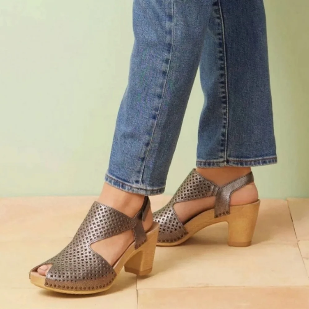 NEW Dansko Teagan Leather Peep Toe Heeled‎ Sandals Gunmetal 38 US 7.5-8